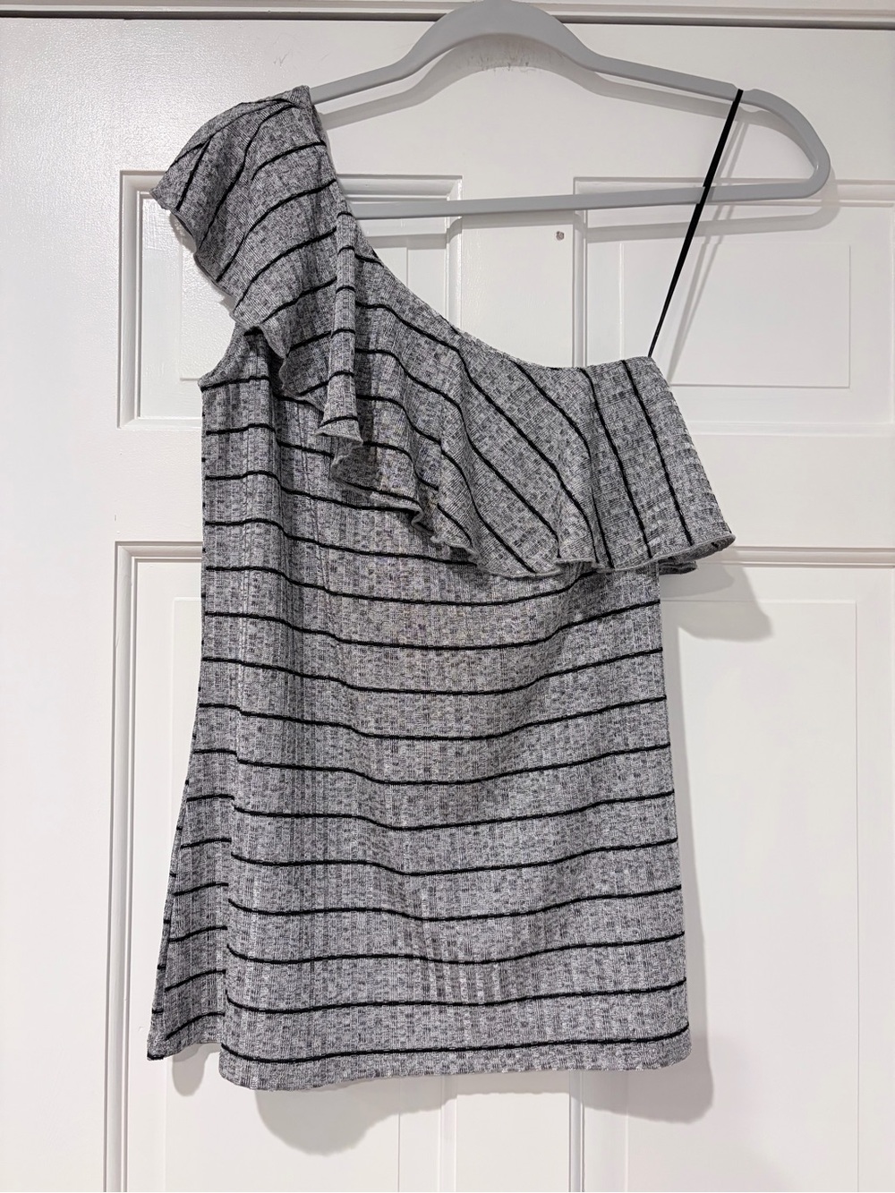 Juicy Couture Grey and Black Striped One-Shoulder Ruffle Tank